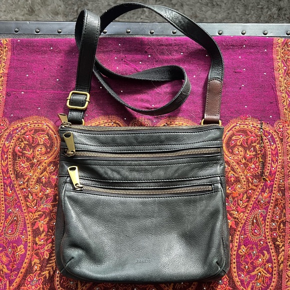 Fossil Handbags - Fossil Black Leather Crossbody Bag with Brass Accents